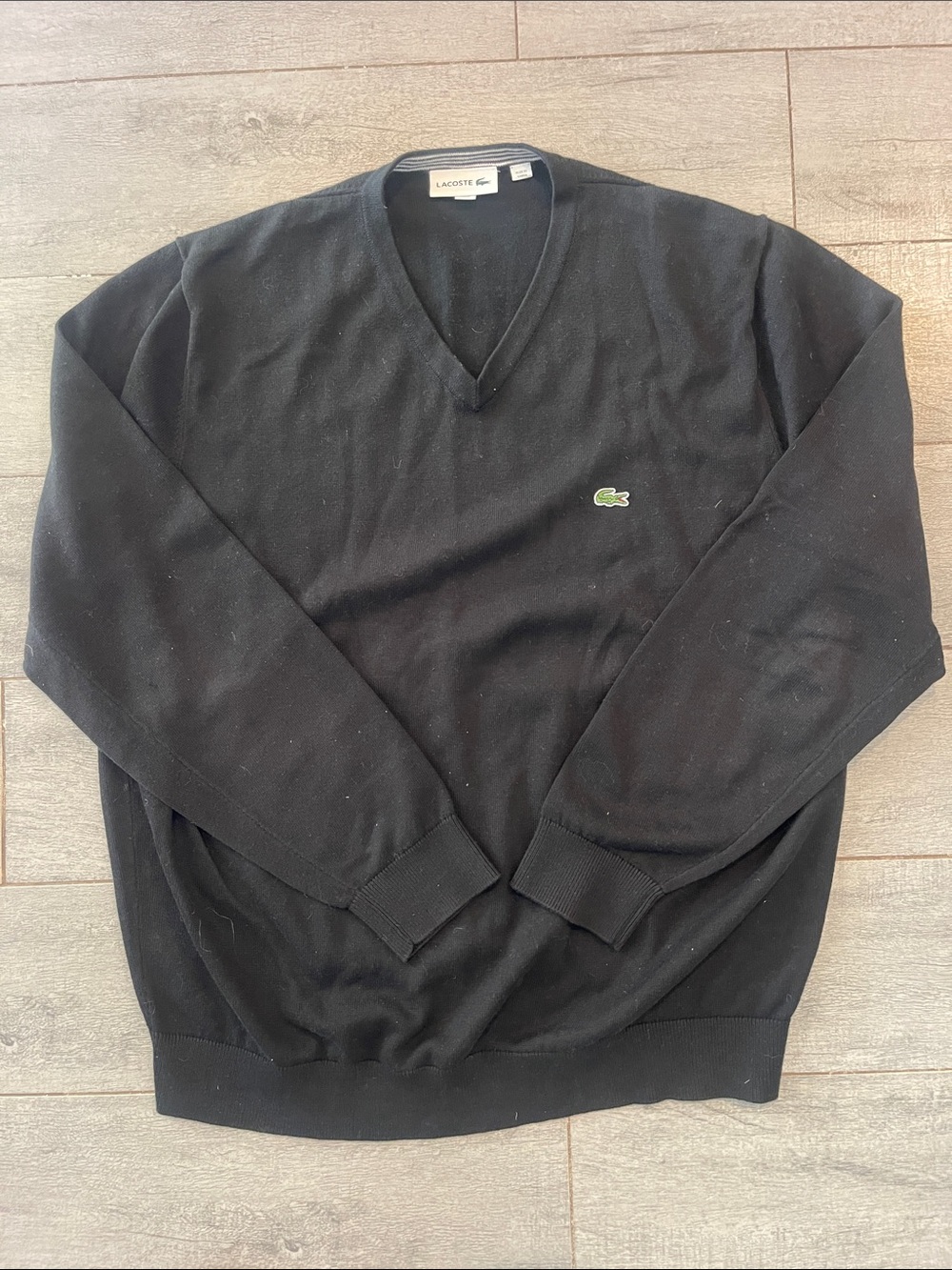Lacoste Men's Black V-Neck Sweater with Green Crocodile Logo